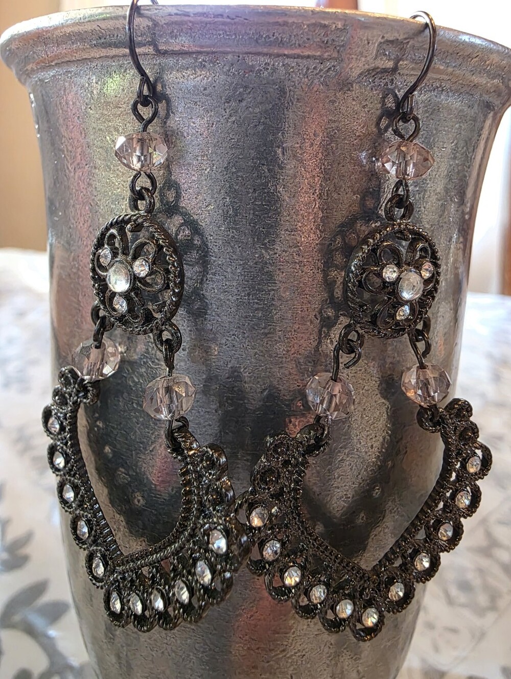 Gothic Vintage Antique Bronze Chandelier Earrings Smoky Amethyst Crystal Drop